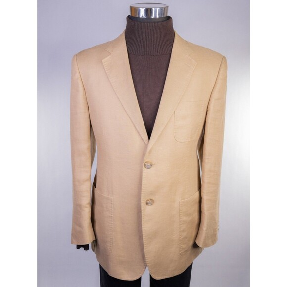 Banana Republic Sport Coat Patch Pockets Solid Beige Sz 42S 100% LINEN 2-Button - Picture 2 of 14